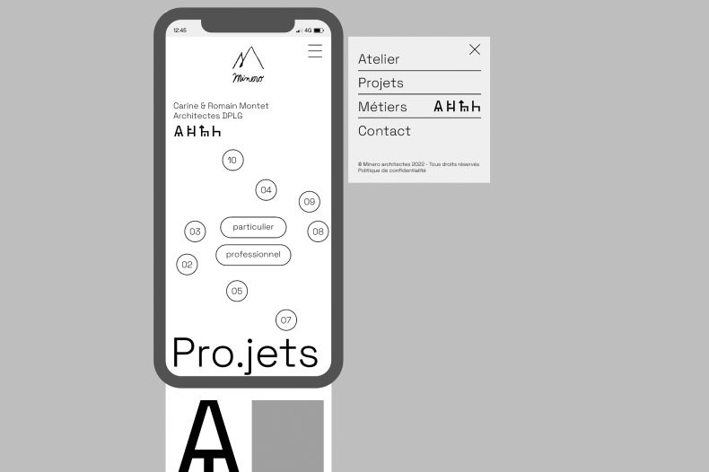 Identité visuelle web UX / UI photographies d'espaces pictogrammes pour Minero Architectes
